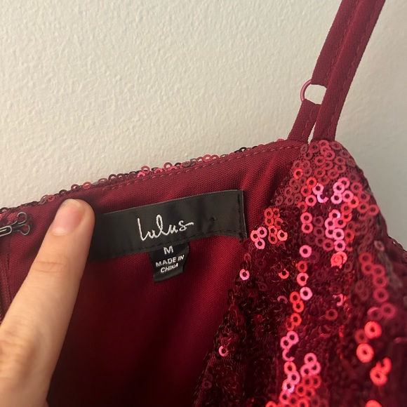 Below the Stars Wine Red Sequin Asymmetrical Bodycon Dress Lulus Size Medium - Picture 8 of 9
